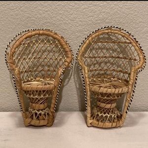 Mini Vintage Boho Wicker Rattan Natural Peacock Fan Doll Plant Chairs Set